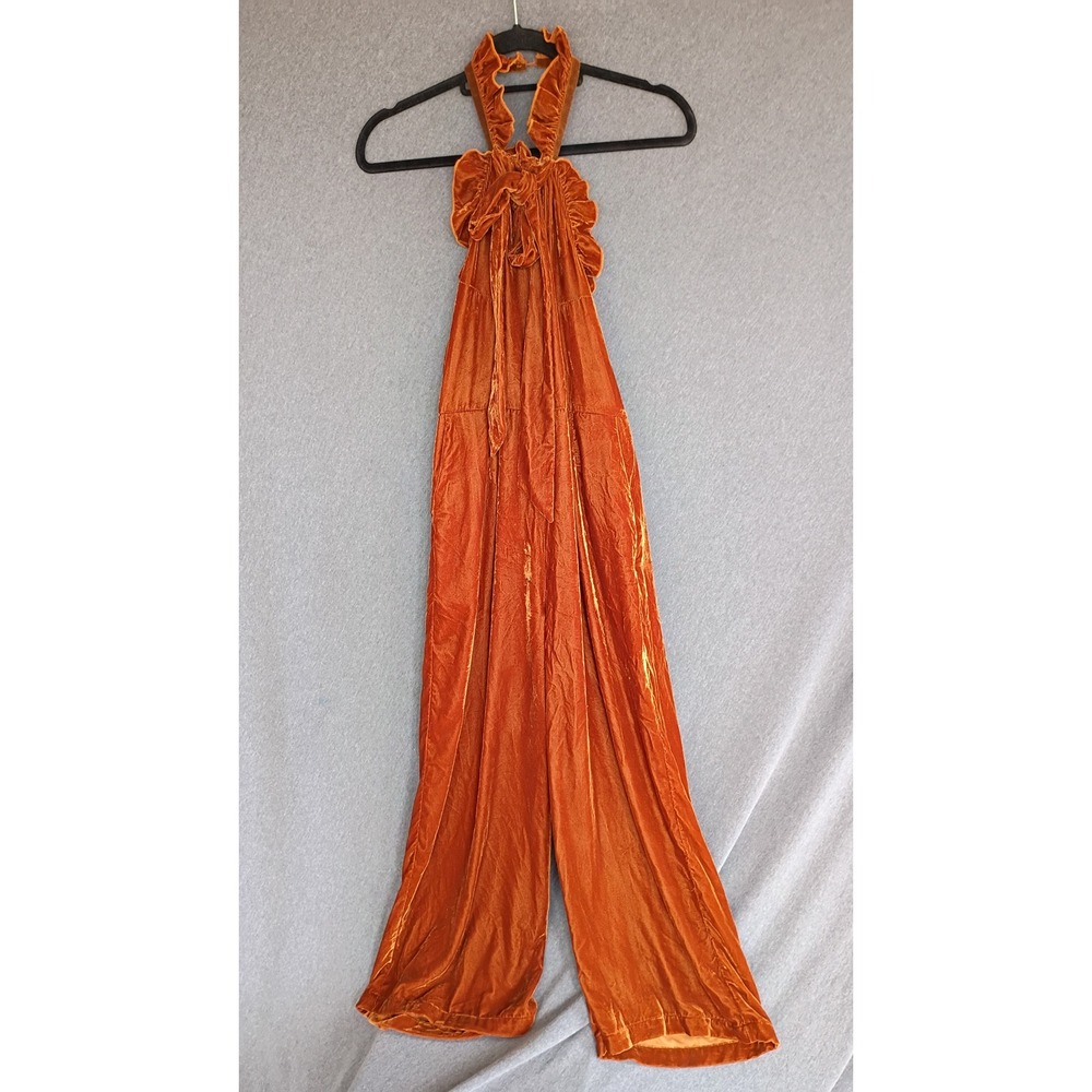 Anthropologie Kristinit Velvet Halter Jumpsuit Rust Orange Tie Neck Wide Leg M - Picture 4 of 10